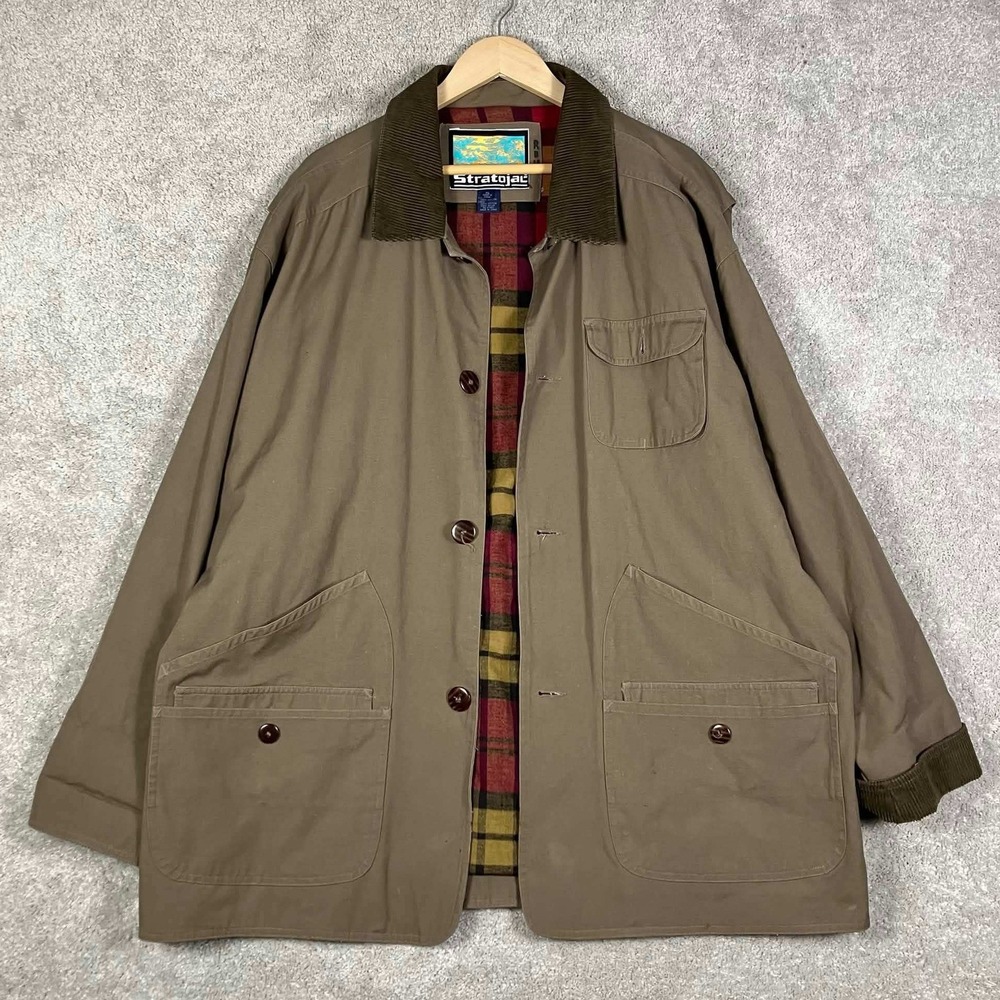 VTG 90s Stratojac Barn Jacket Brown Canvas Corduroy Collar Plaid Lined Hunting